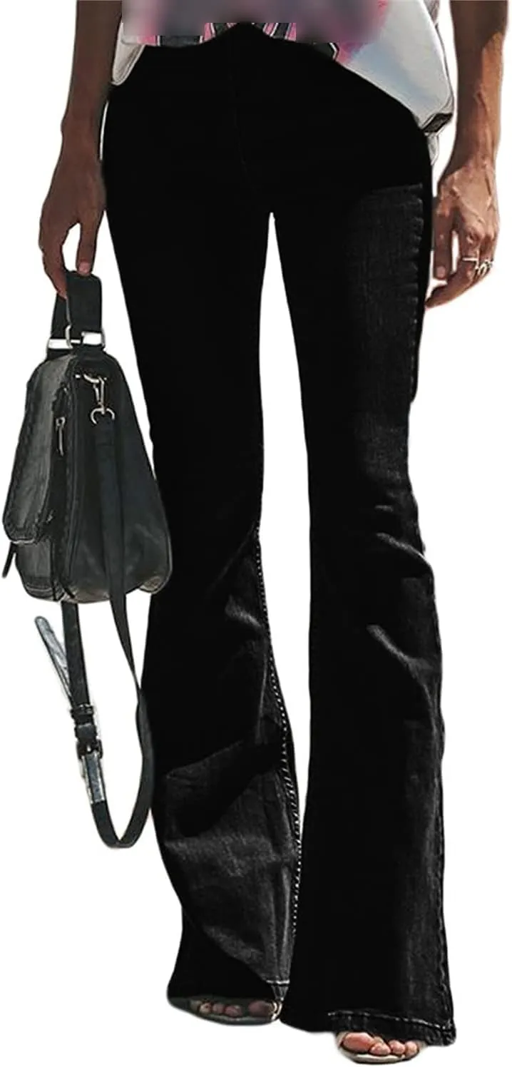 Women Denim Jeans Pants Classic Flare Bell Bottom Jeans Slim Midi Waist Vintage Straight Leg Trouser