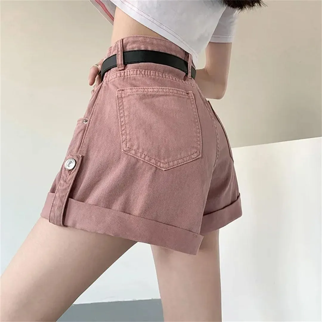 Women Denim Shorts Summer High Waist Slim Loose Wide Leg A-Line Shorts