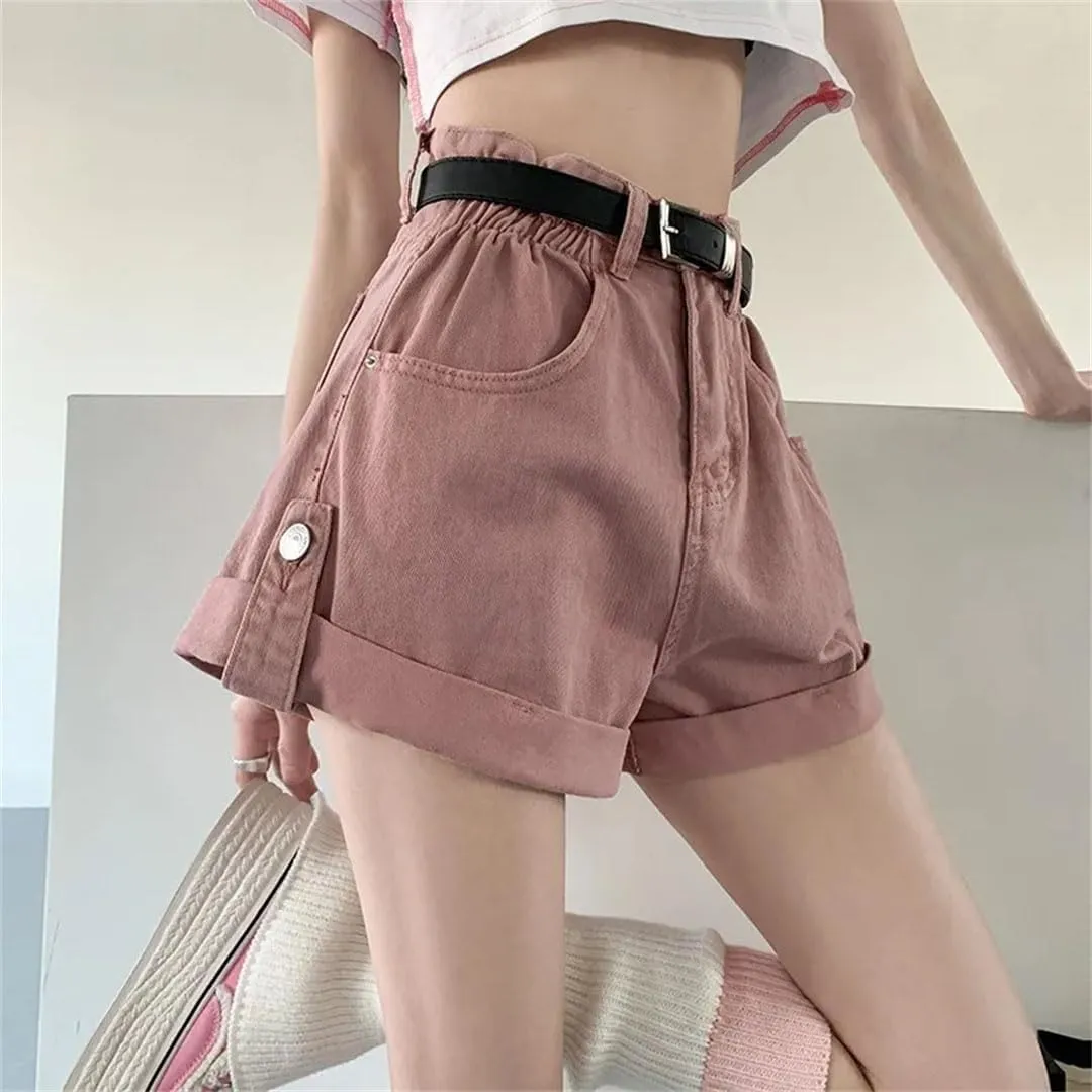 Women Denim Shorts Summer High Waist Slim Loose Wide Leg A-Line Shorts
