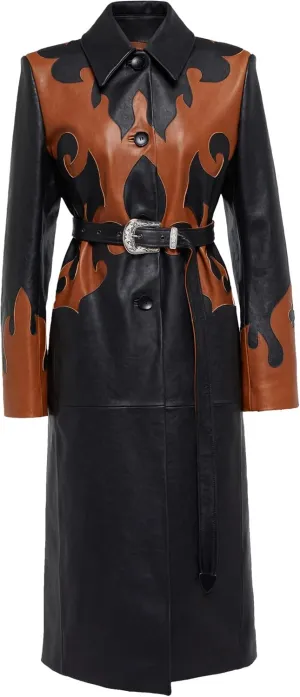 Women Designer Black Trench Leather Long Coat Over Belted Coat Sheepskin Winter