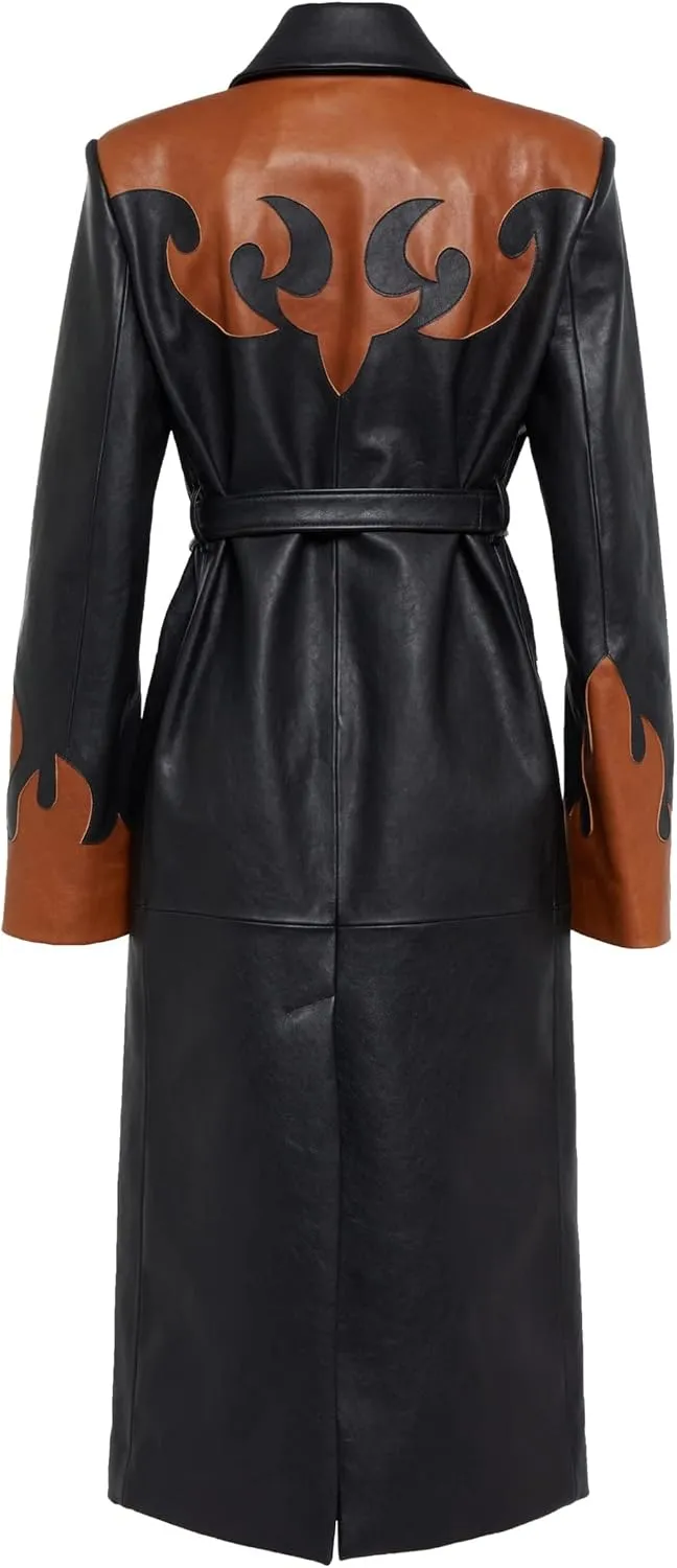 Women Designer Black Trench Leather Long Coat Over Belted Coat Sheepskin Winter