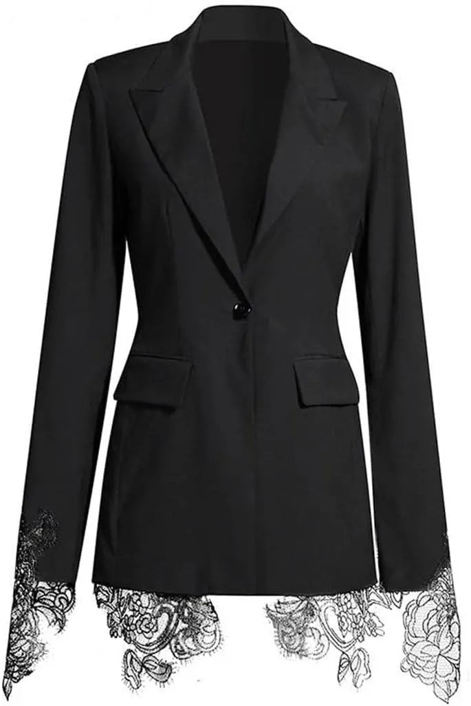 Women Embroidery Lace Notched Collar Long Sleeve Tunic Slimming Blazers