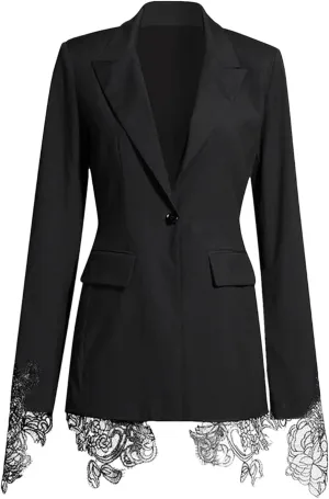 Women Embroidery Lace Notched Collar Long Sleeve Tunic Slimming Blazers