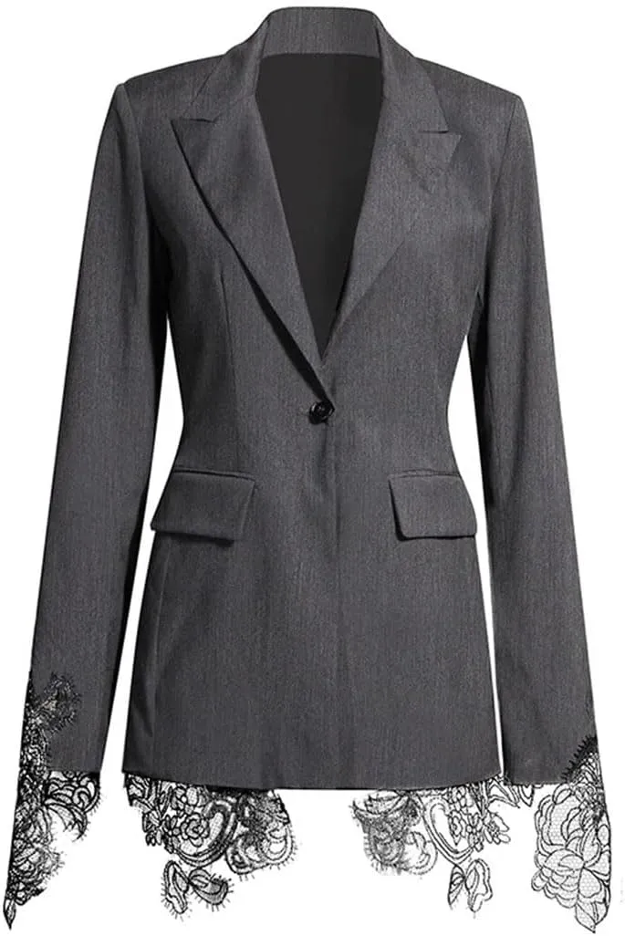 Women Embroidery Lace Notched Collar Long Sleeve Tunic Slimming Blazers