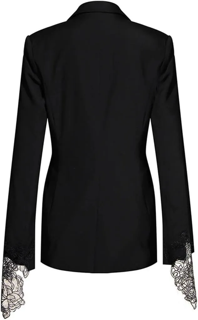 Women Embroidery Lace Notched Collar Long Sleeve Tunic Slimming Blazers