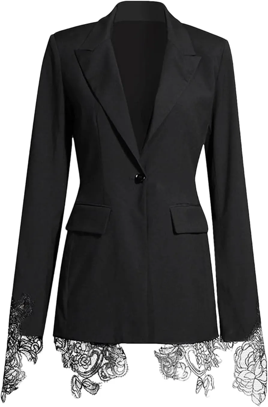 Women Embroidery Lace Notched Collar Long Sleeve Tunic Slimming Blazers