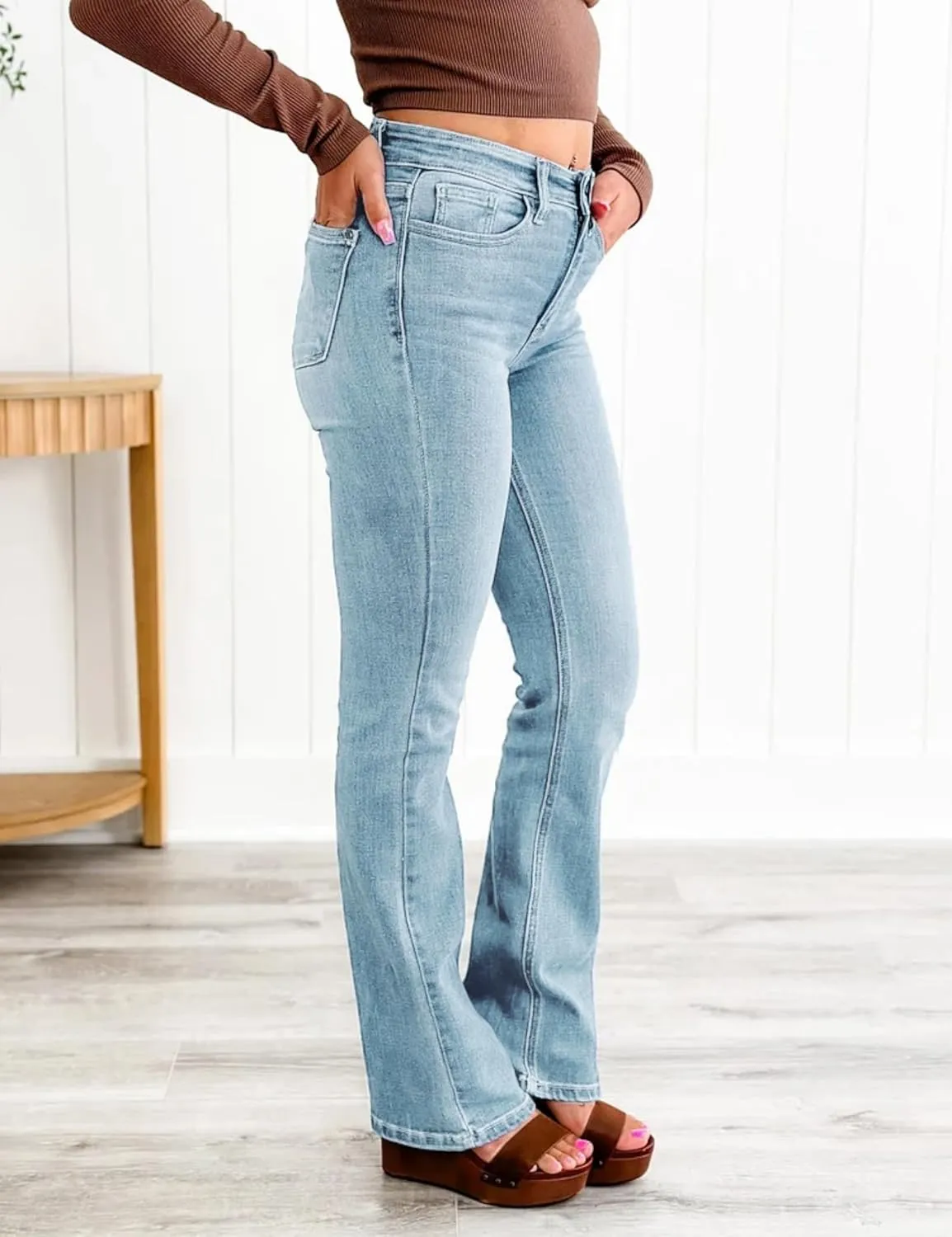 Women Flare Jeans Tummy Control High Waisted Bootcut Bell Bottom Jeans Denim Pants 90s