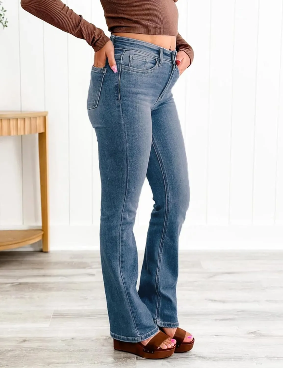 Women Flare Jeans Tummy Control High Waisted Bootcut Bell Bottom Jeans Denim Pants 90s