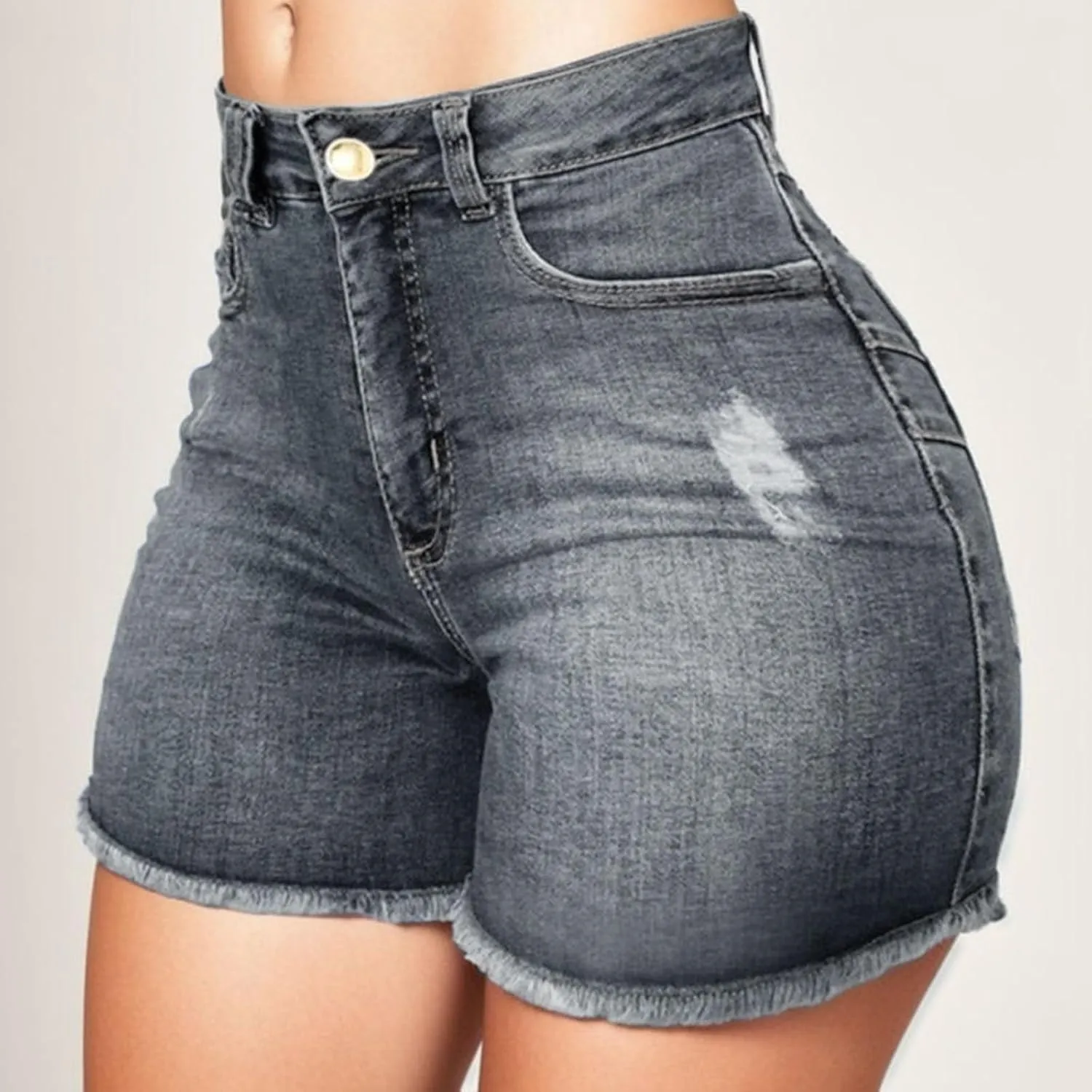 Women High Waisted Skinny Stretchy Slim Fit Denim Shorts Casual Frayed Hem Distressed Ripped Short Jeans Summer