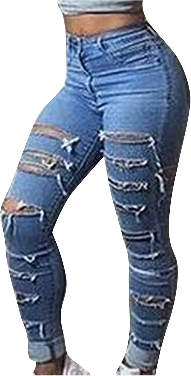 Women Jeans Fit High Waisted Ripped Distressed Stretchy Denim Pants Casual Straight Leg Jeans Long Pants