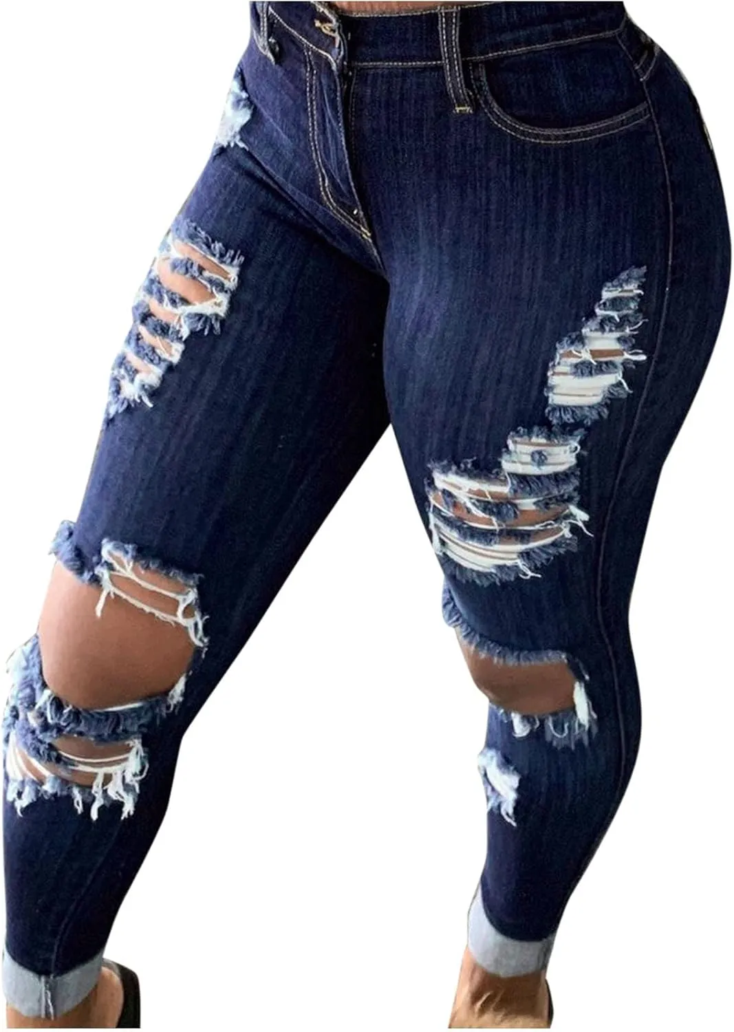 Women Jeans Fit High Waisted Ripped Distressed Stretchy Denim Pants Casual Straight Leg Jeans Long Pants