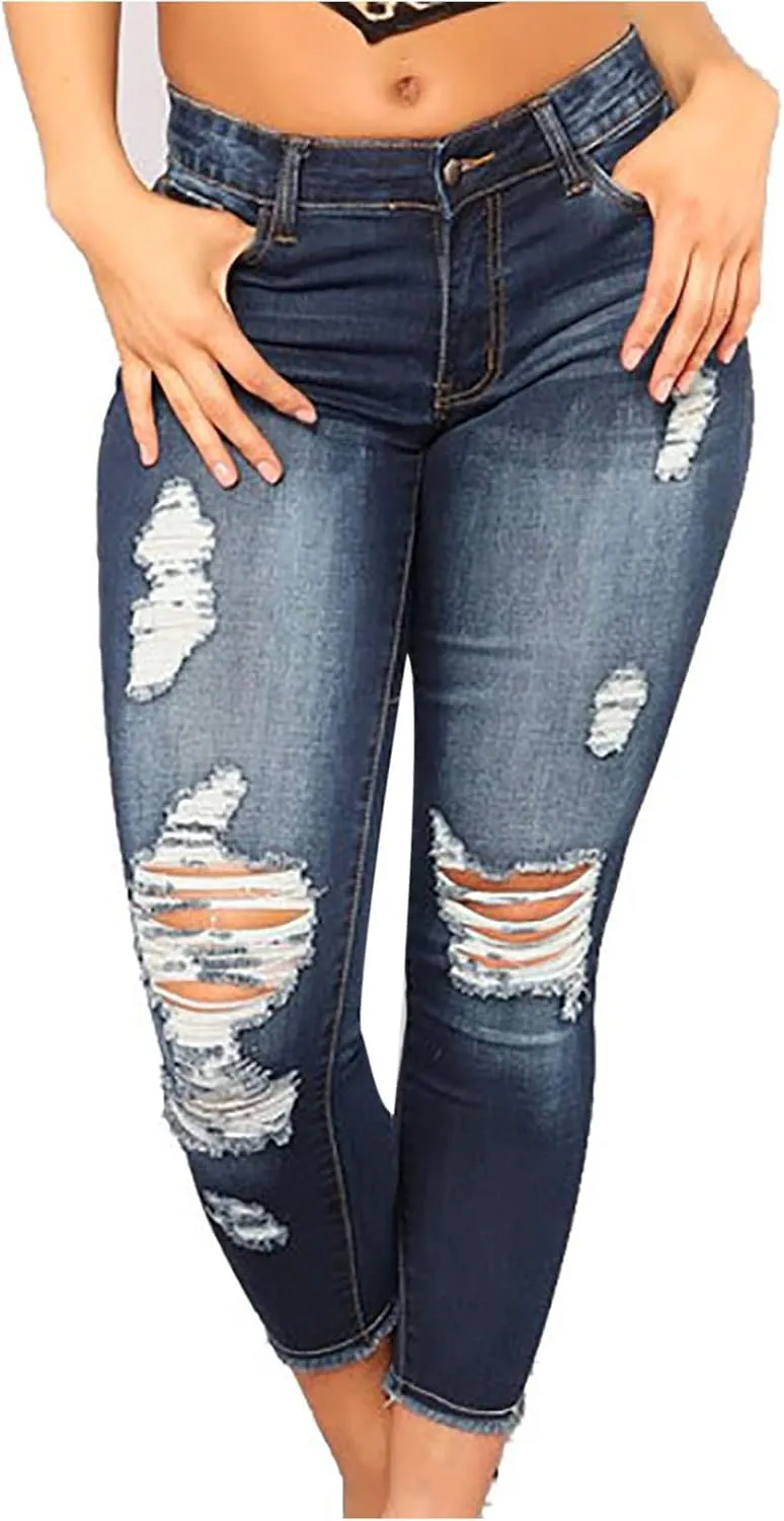 Women Jeans Fit High Waisted Ripped Distressed Stretchy Denim Pants Casual Straight Leg Jeans Long Pants