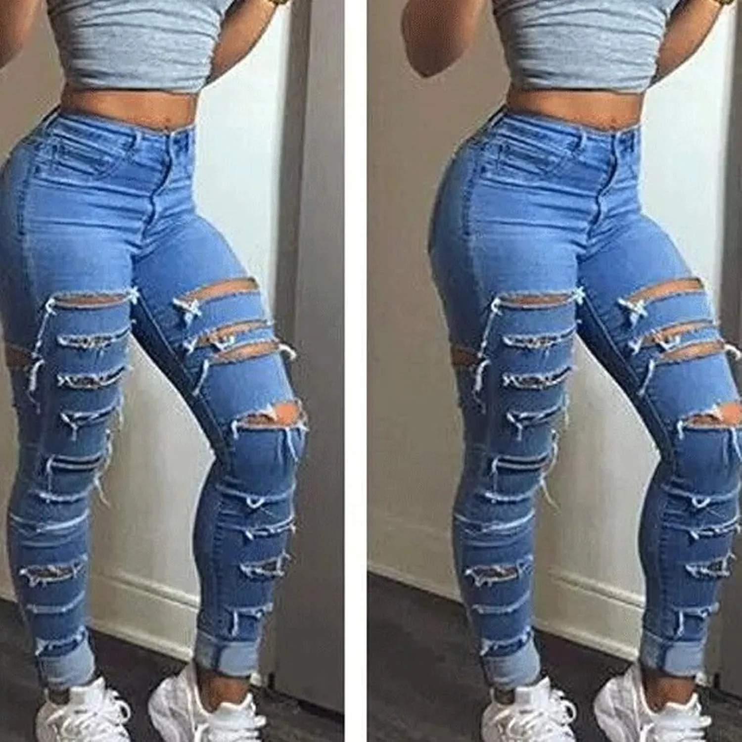 Women Jeans Fit High Waisted Ripped Distressed Stretchy Denim Pants Casual Straight Leg Jeans Long Pants