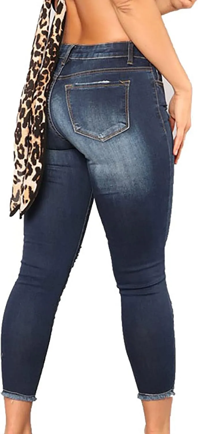 Women Jeans Fit High Waisted Ripped Distressed Stretchy Denim Pants Casual Straight Leg Jeans Long Pants