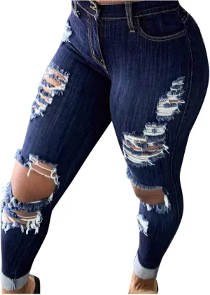 Women Jeans Fit High Waisted Ripped Distressed Stretchy Denim Pants Casual Straight Leg Jeans Long Pants
