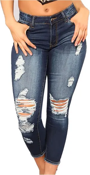 Women Jeans Fit High Waisted Ripped Distressed Stretchy Denim Pants Casual Straight Leg Jeans Long Pants