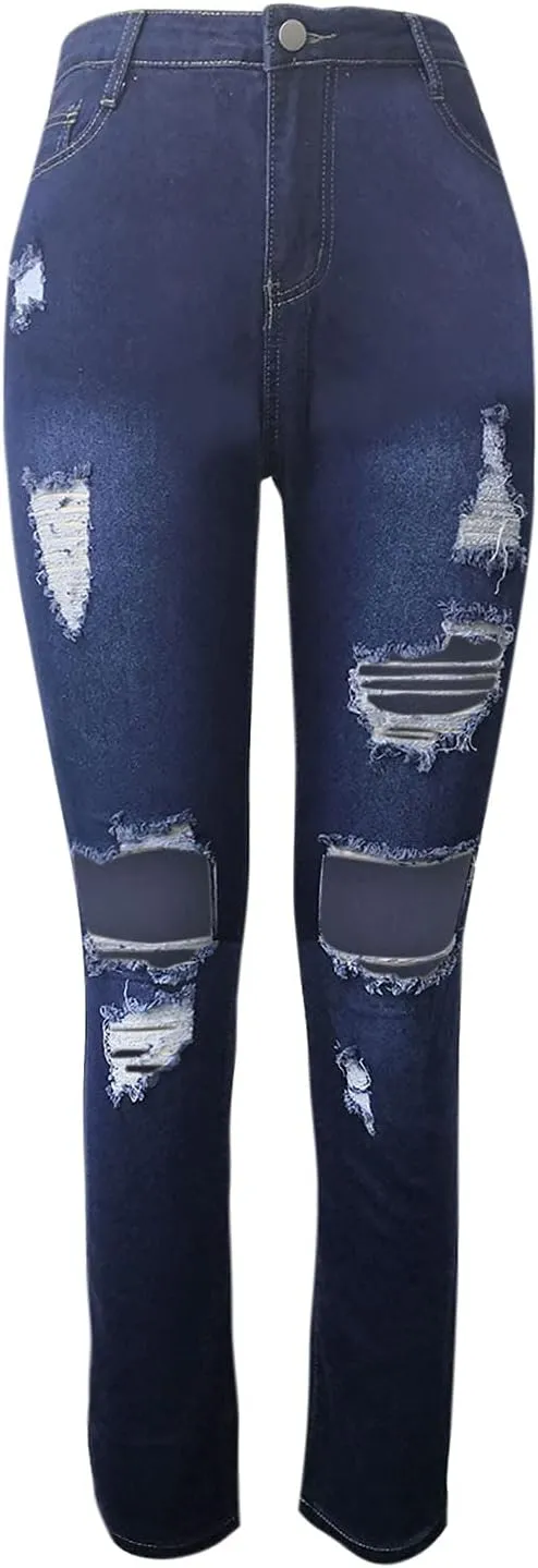 Women Jeans Fit High Waisted Ripped Distressed Stretchy Denim Pants Casual Straight Leg Jeans Long Pants