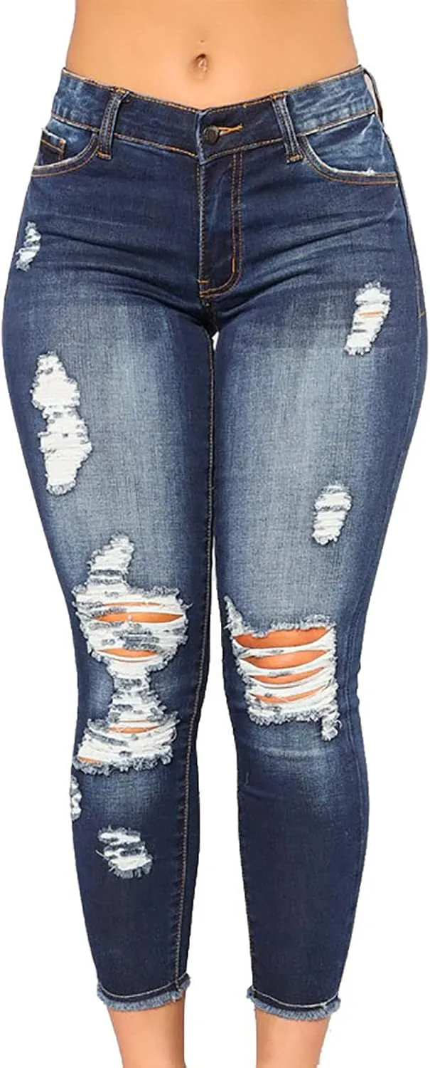 Women Jeans Fit High Waisted Ripped Distressed Stretchy Denim Pants Casual Straight Leg Jeans Long Pants