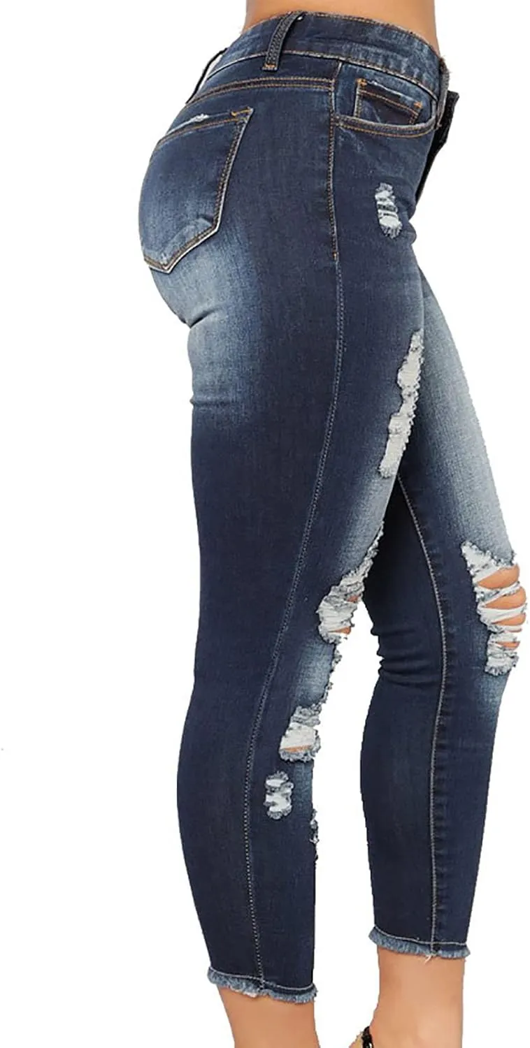Women Jeans Fit High Waisted Ripped Distressed Stretchy Denim Pants Casual Straight Leg Jeans Long Pants