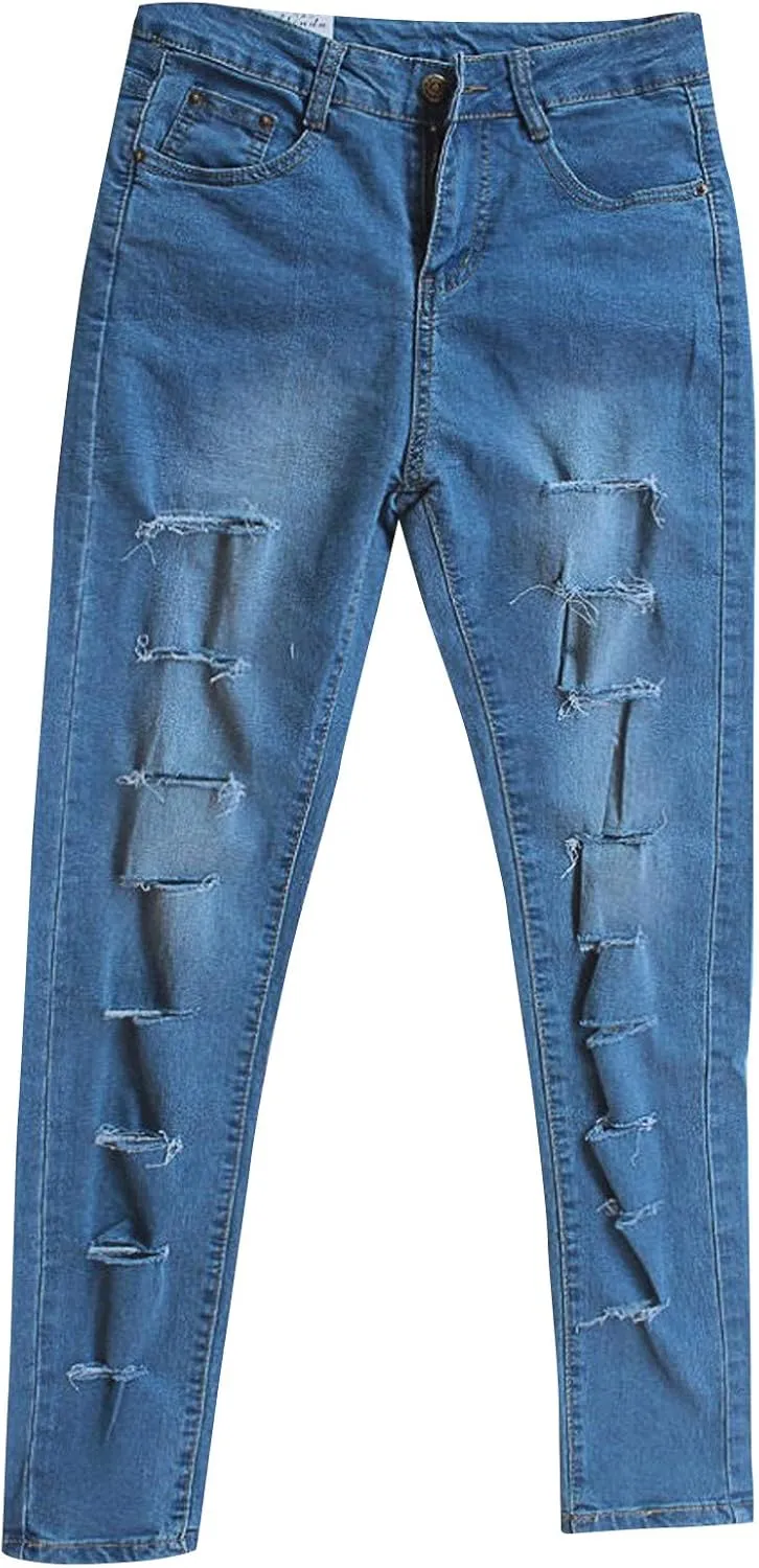 Women Jeans Fit High Waisted Ripped Distressed Stretchy Denim Pants Casual Straight Leg Jeans Long Pants