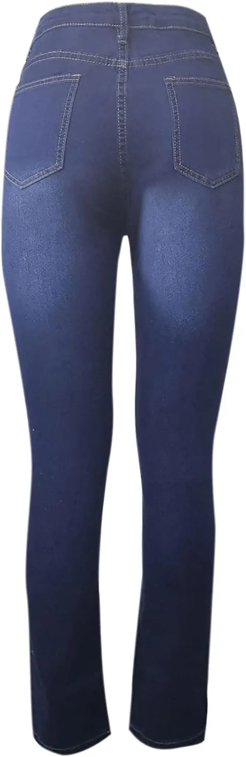 Women Jeans Fit High Waisted Ripped Distressed Stretchy Denim Pants Casual Straight Leg Jeans Long Pants