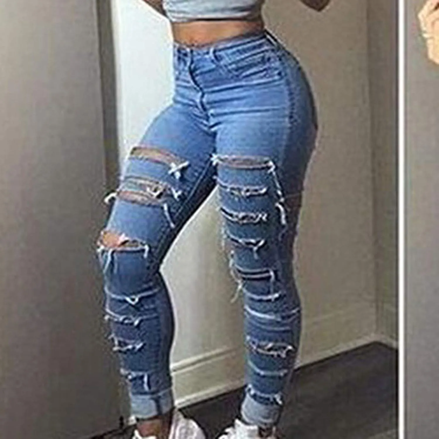 Women Jeans Fit High Waisted Ripped Distressed Stretchy Denim Pants Casual Straight Leg Jeans Long Pants