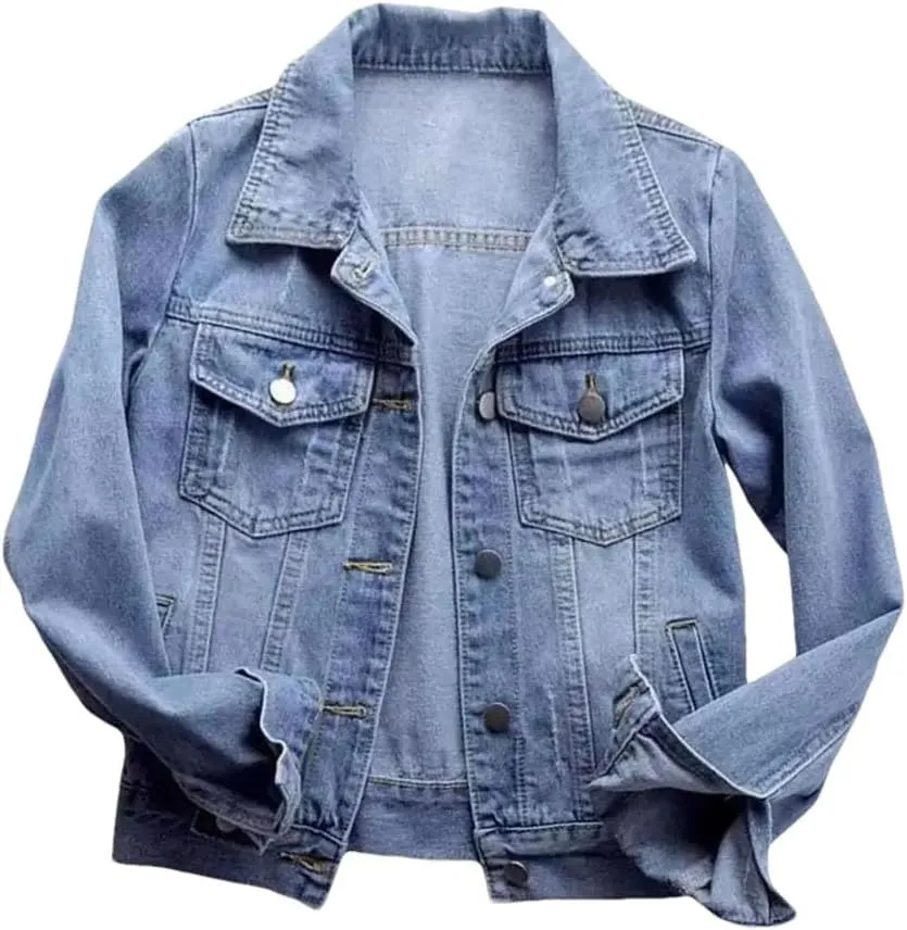 Women Long Sleeve Denim Jackets Coat Women Button Down Denim Jackets Light Wash Jean Jacket Trucker Coat