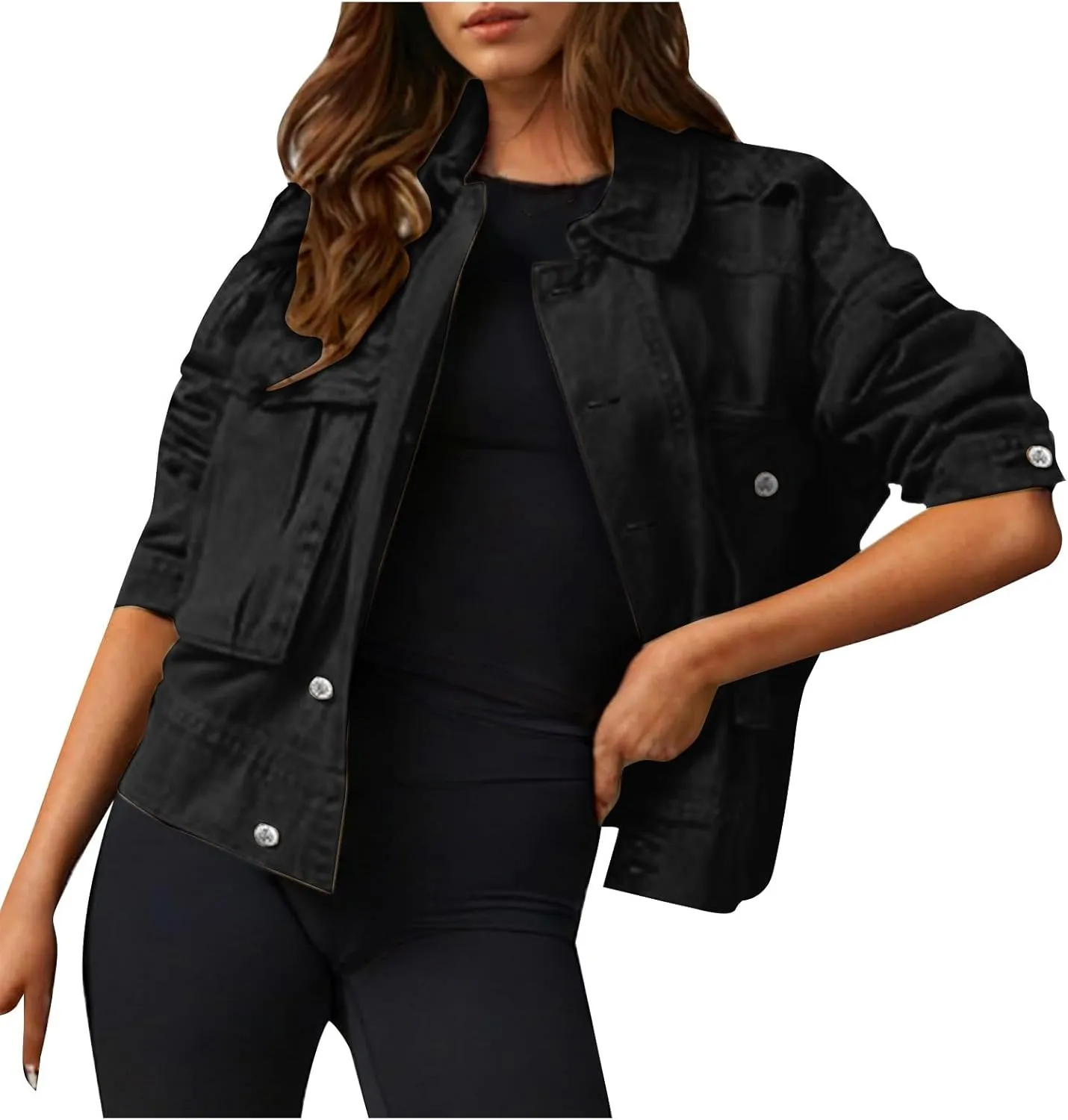 Women Plus Size Cropped Denim Jacket Casual 2024 Button Down Shacket Coat Comfy Multi Pocket Shirt Denim Cargo Jacket