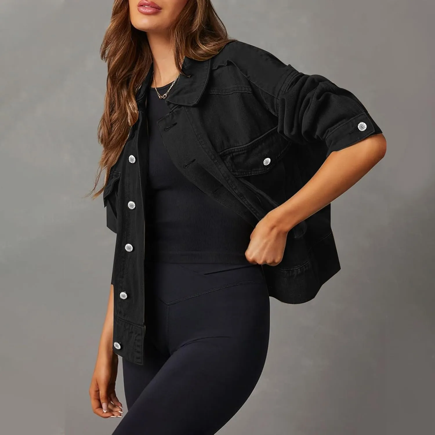Women Plus Size Cropped Denim Jacket Casual 2024 Button Down Shacket Coat Comfy Multi Pocket Shirt Denim Cargo Jacket