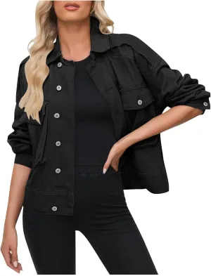 Women Plus Size Cropped Denim Jacket Casual 2024 Button Down Shacket Coat Comfy Multi Pocket Shirt Denim Cargo Jacket