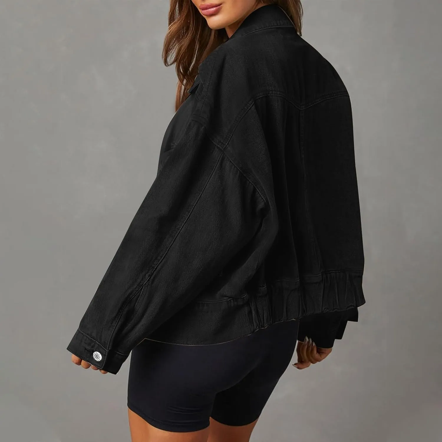 Women Plus Size Cropped Denim Jacket Casual 2024 Button Down Shacket Coat Comfy Multi Pocket Shirt Denim Cargo Jacket