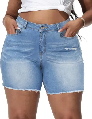 Women Plus Size Jean Shorts Stretchy High Waisted Frayed Raw Hem Denim Shorts 5.5" Inseam