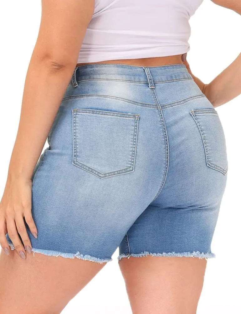 Women Plus Size Jean Shorts Stretchy High Waisted Frayed Raw Hem Denim Shorts 5.5" Inseam
