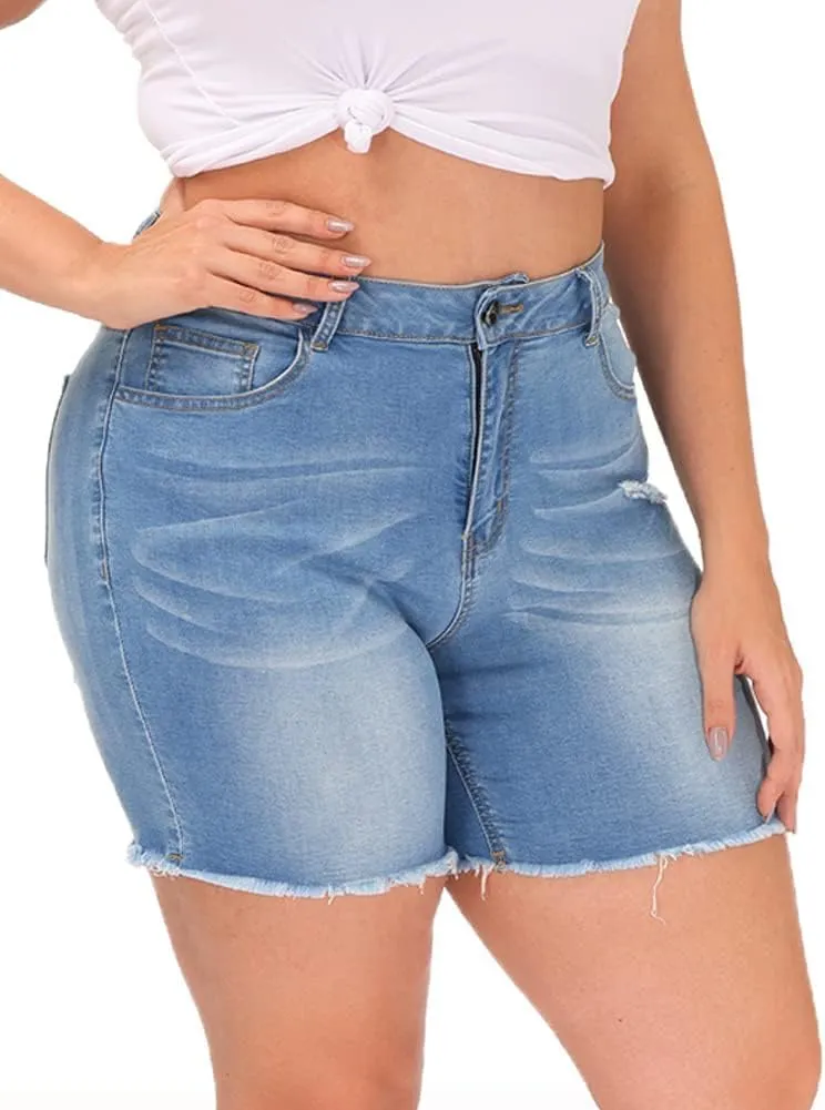 Women Plus Size Jean Shorts Stretchy High Waisted Frayed Raw Hem Denim Shorts 5.5" Inseam