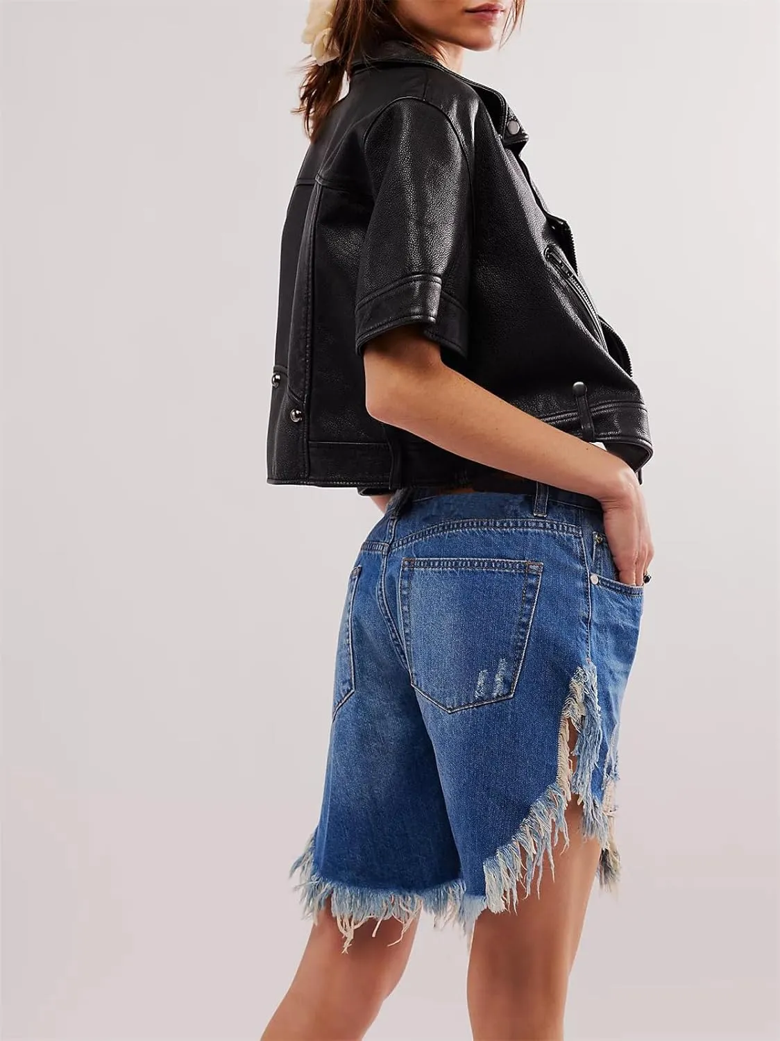 Women Ripped Long Jean Shorts Sexy High Waist Distressed Hem Mid Thigh Denim Shorts Y2k Frayed Summer Hot Jorts Pants