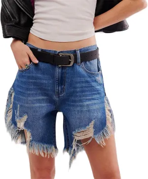 Women Ripped Long Jean Shorts Sexy High Waist Distressed Hem Mid Thigh Denim Shorts Y2k Frayed Summer Hot Jorts Pants