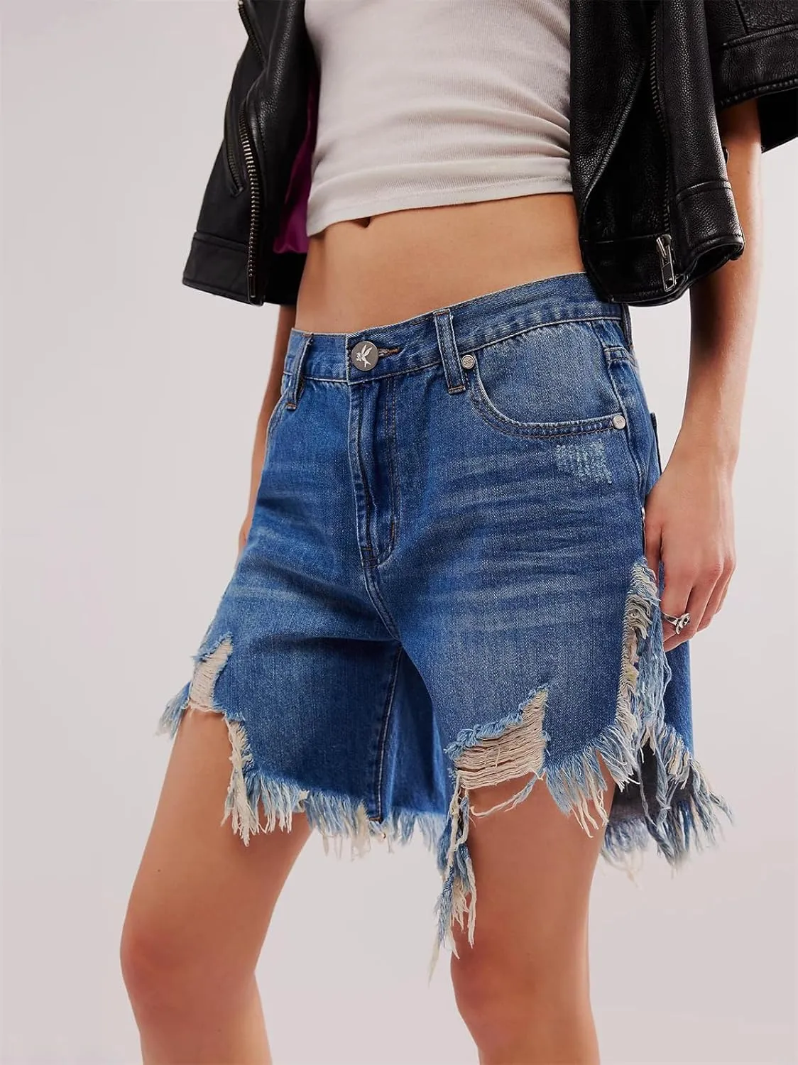 Women Ripped Long Jean Shorts Sexy High Waist Distressed Hem Mid Thigh Denim Shorts Y2k Frayed Summer Hot Jorts Pants