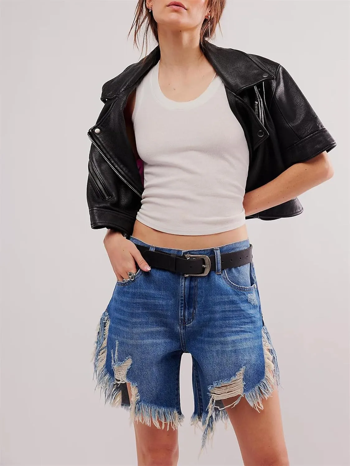 Women Ripped Long Jean Shorts Sexy High Waist Distressed Hem Mid Thigh Denim Shorts Y2k Frayed Summer Hot Jorts Pants