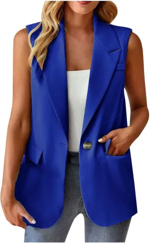 Women Sleeveless Blazer Waistcoat Casual Open Front Blazer One Button Tops Jacket Vest Plain Work Suit Office Jacket