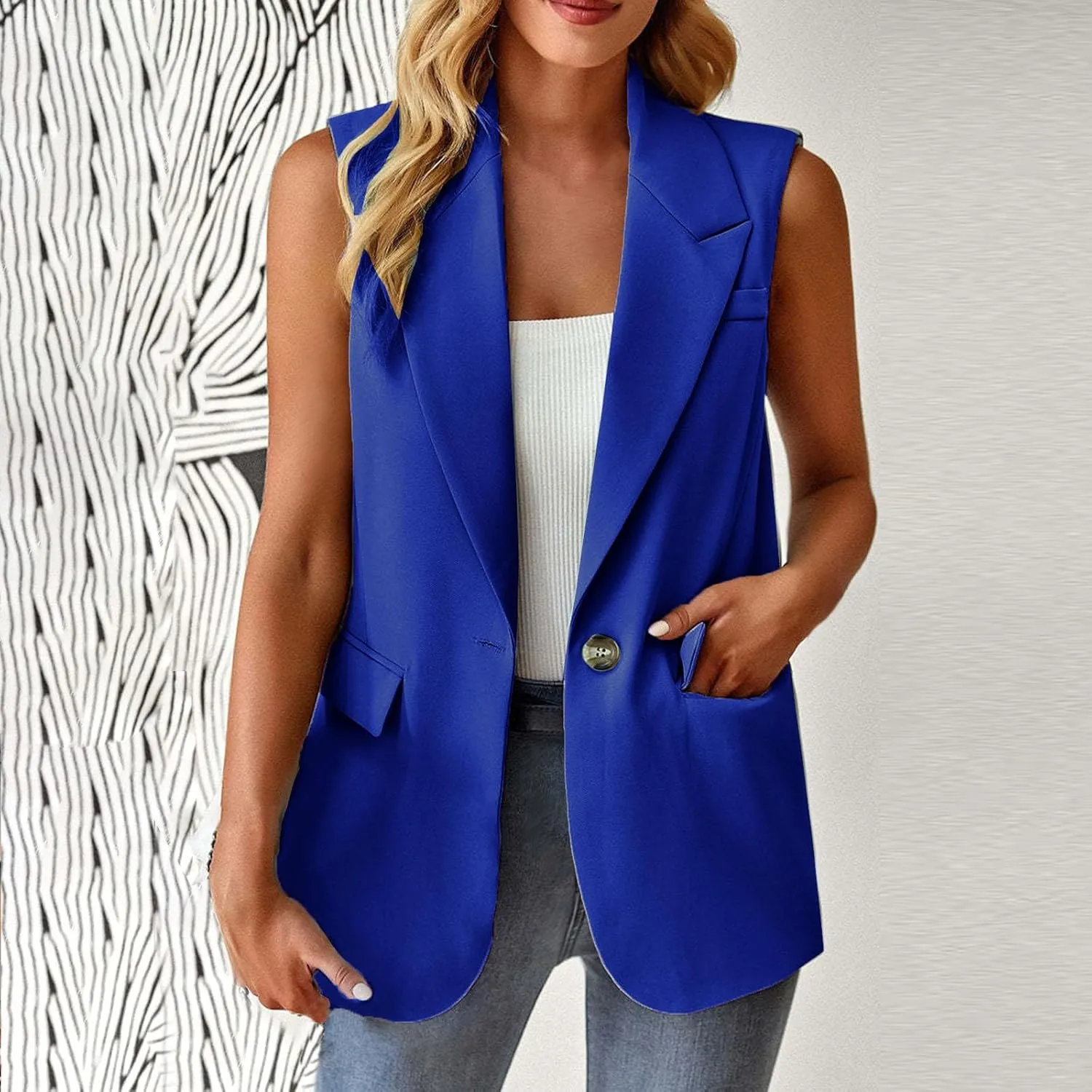 Women Sleeveless Blazer Waistcoat Casual Open Front Blazer One Button Tops Jacket Vest Plain Work Suit Office Jacket