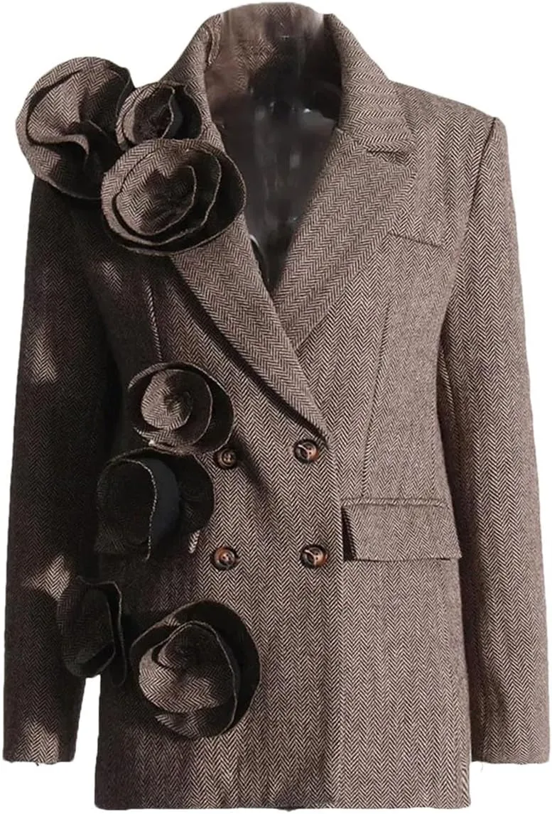 Women Solid Spliced Appliques Notched Collar Long Sleeve Patchwork Button Slim Blazers