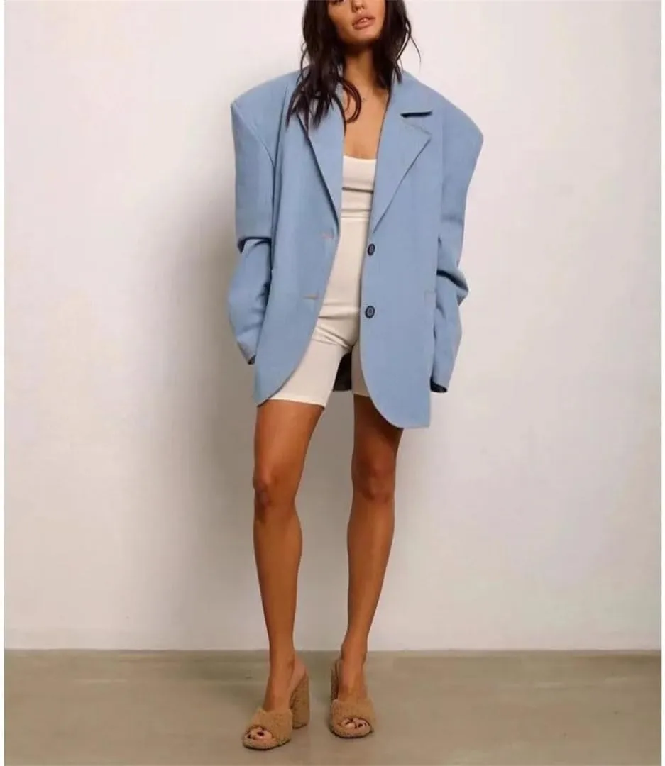 Women Solid Spliced Button Loose Jackets Lapel Long Sleeve Temperament Blazers