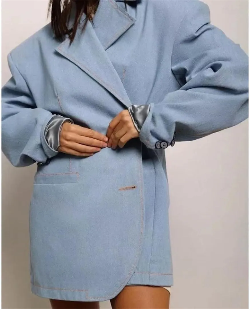 Women Solid Spliced Button Loose Jackets Lapel Long Sleeve Temperament Blazers