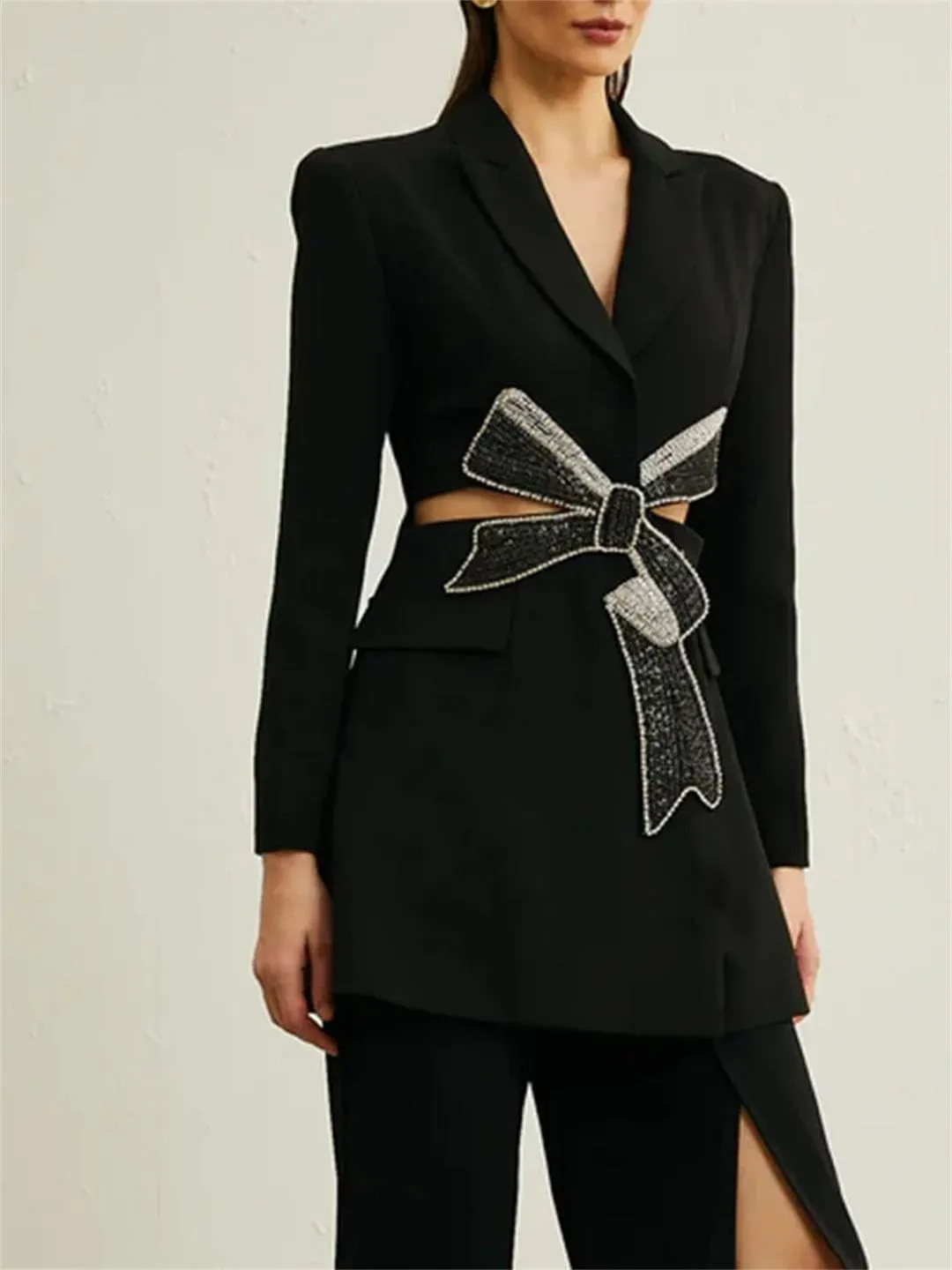Women Solid Spliced Diamonds Hollow Out Jackets Lapel Short Sleeve Tunic Slimming Blazers
