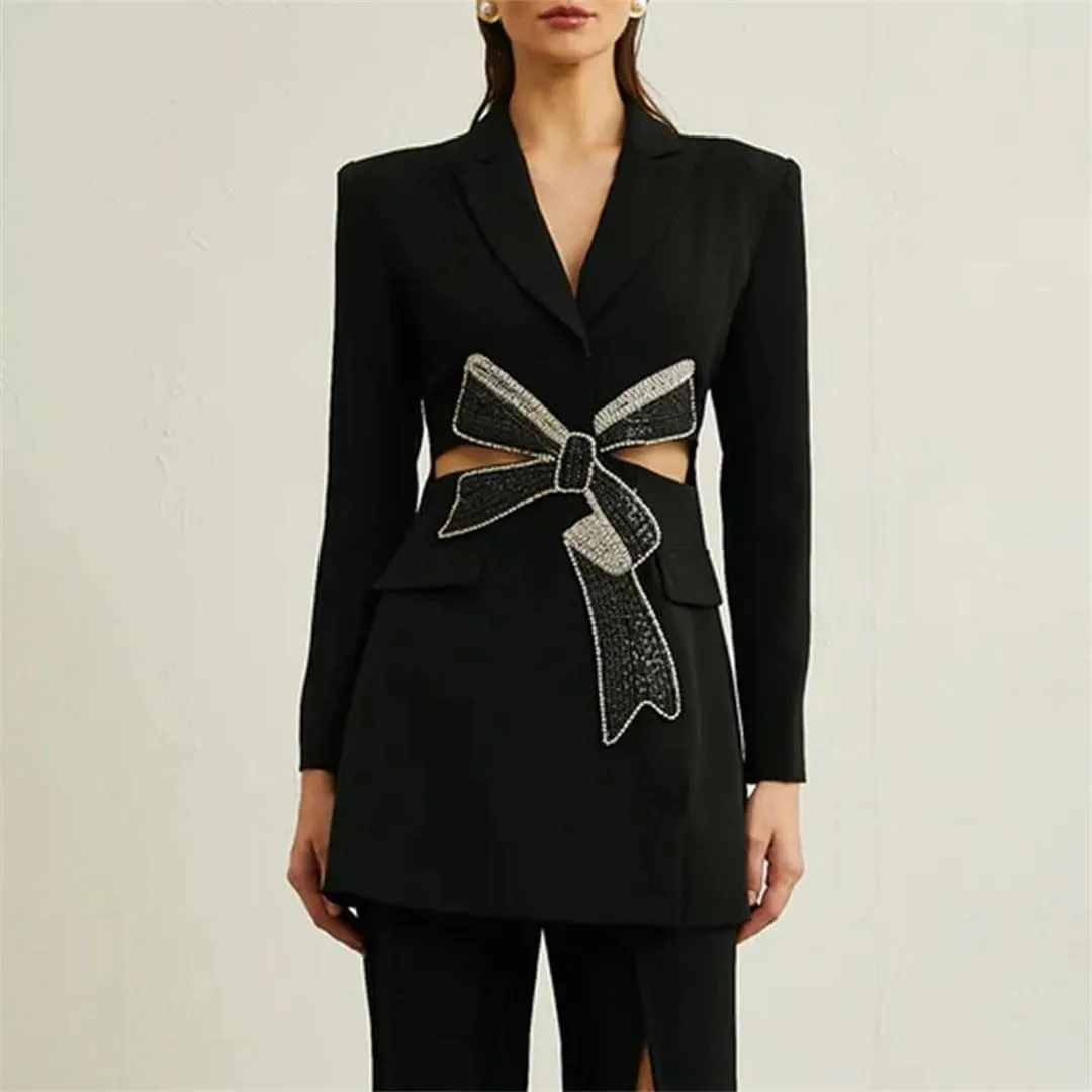Women Solid Spliced Diamonds Hollow Out Jackets Lapel Short Sleeve Tunic Slimming Blazers