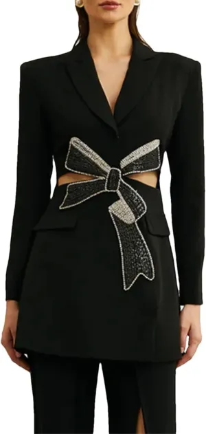 Women Solid Spliced Diamonds Hollow Out Jackets Lapel Short Sleeve Tunic Slimming Blazers