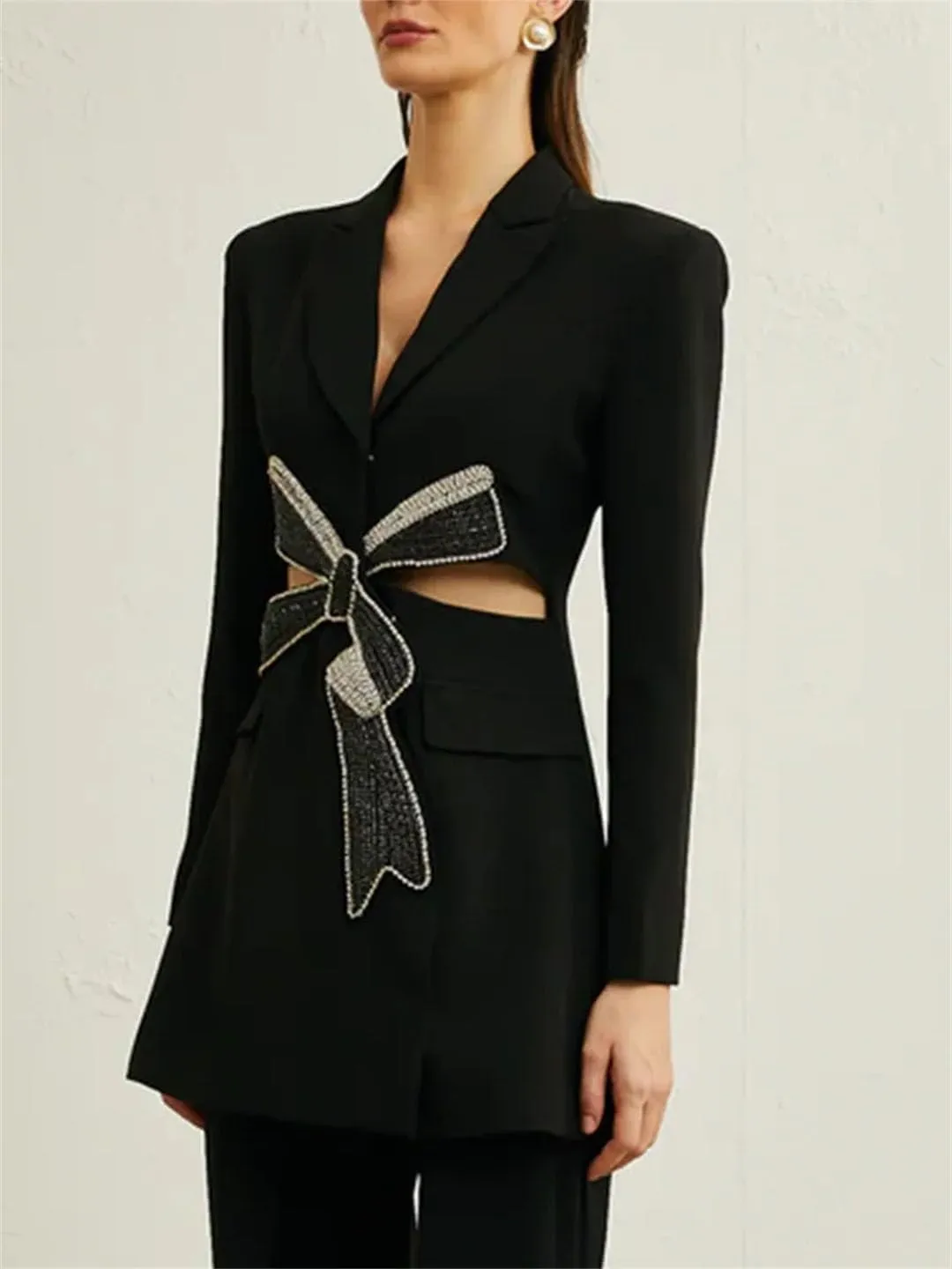Women Solid Spliced Diamonds Hollow Out Jackets Lapel Short Sleeve Tunic Slimming Blazers