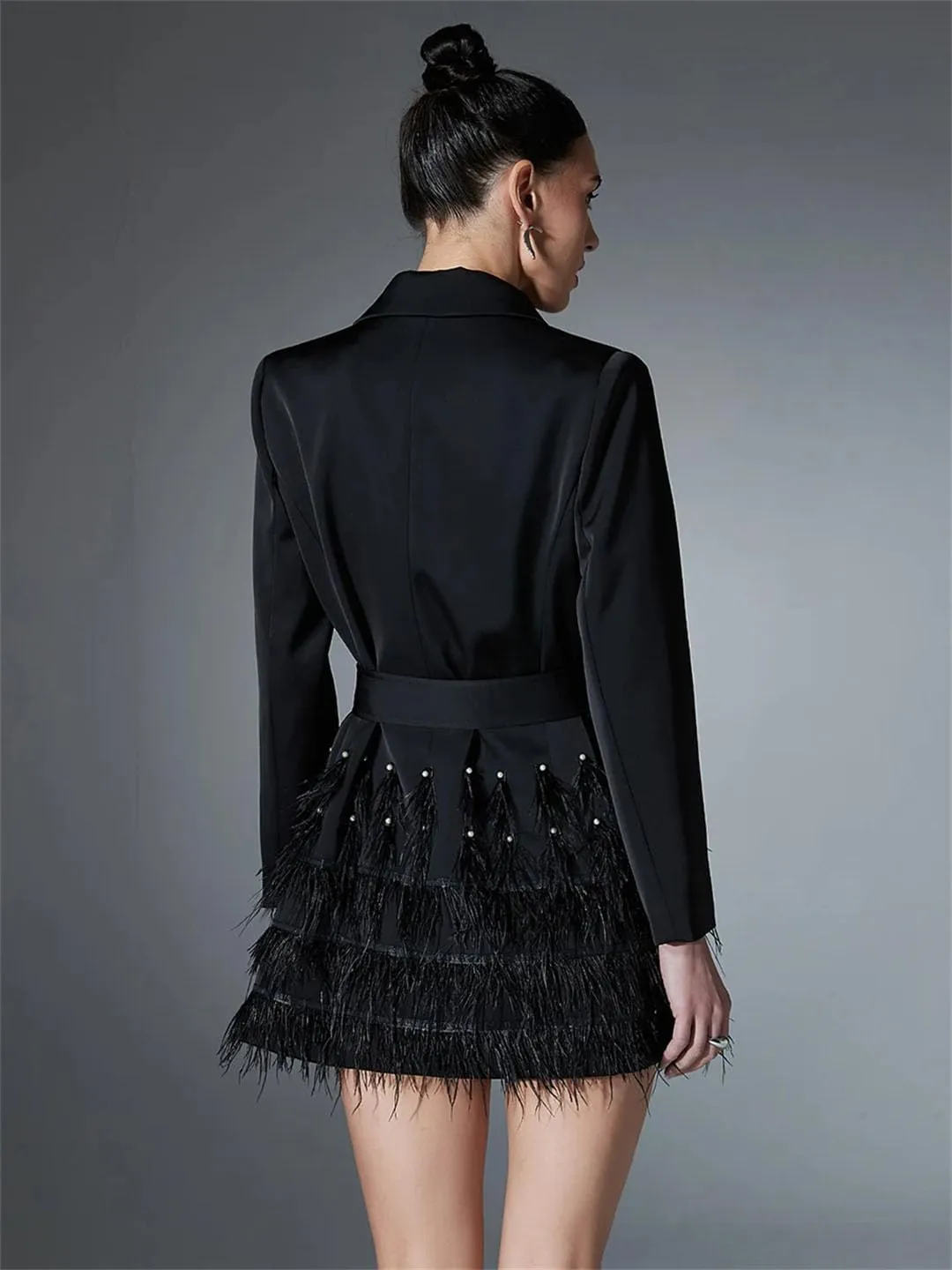 Women Solid Spliced Feathers High Waist Long Sleeve Spliced Belt Slimming Blazers