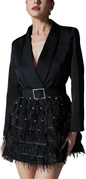 Women Solid Spliced Feathers High Waist Long Sleeve Spliced Belt Slimming Blazers