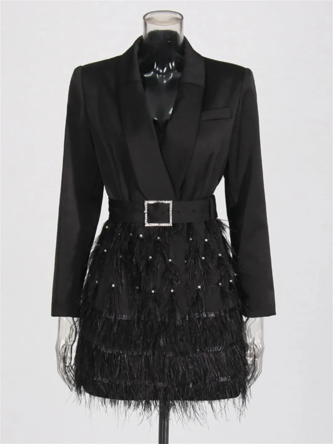 Women Solid Spliced Feathers High Waist Long Sleeve Spliced Belt Slimming Blazers